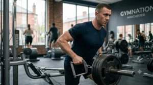 A photorealistic, detailed 4K close-up photograph focused tightly on the knurling and material texture of the handles of the complex parallel-grip row accessory, which is shown resting on a textured rubber gym floor mat.