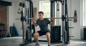 Demonstrating safe squatting technique using a smith machine with cable attachment.