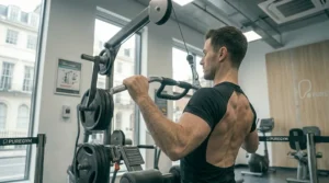 Highlighting the safety handles and stable frame of a commercial lat pulldown machine.