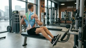 The final position of a seated cable row showing retracted shoulder blades and elbows tucked in to maximise muscle contraction.