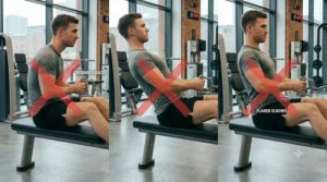 The initial pulling phase of a seated cable row with arms fully extended and core engaged in a controlled manner.