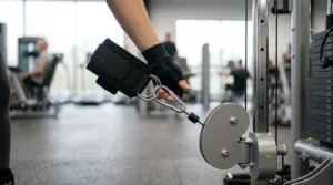 Demonstrating how to securely clip the metal carabiner of an ankle strap to a gym cable machine pulley.