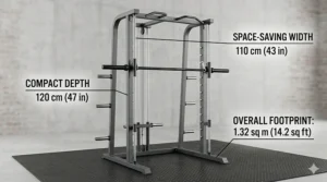Detailed diagram showing the small footprint and space-saving width, depth, and overall footprint dimensions in centimetres and inches for a compact Smith machine.
