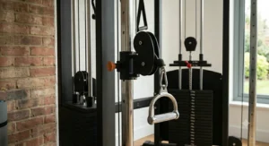 High-detail close-up of adjustable dual pulley system featuring knurled handle and metric weight stacks.