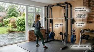 A technical diagram illustration showing a fitness enthusiast using the integrated cable system, high and low pulleys, and versatile pull exercises of a compact Smith machine.