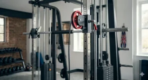 Close-up view of the smooth pulley system on a professional smith machine.