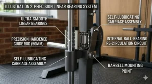 Technical close-up diagram detailing the precision linear bearing system, guide rods, and internal recirculation circuit of a smooth-running compact Smith machine.
