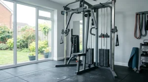 A space-saving dual-stack gym machine designed for home fitness rooms.