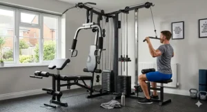 A man performs a lat pulldown on a multi-functional home gym station in a bright, modern room.