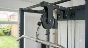 Compact lat pulldown station designed for a small UK home gym setup.