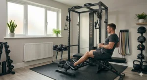 A man performing a seated cable row on a compact home gym machine in a light, neutral-toned room.