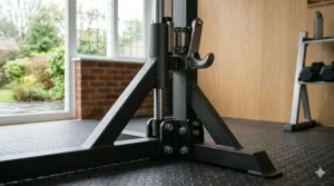 Close-up photograph highlighting the high-quality, sturdy steel frame construction, durable welds, and rugged base of the compact Smith machine.