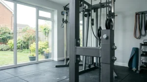 High-quality steel frame construction of a durable dual-stack gym machine.