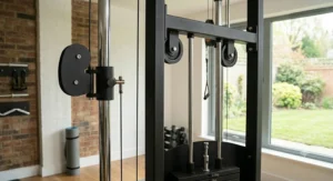 Detail view of the industrial steel frame and pulley mechanism of a premium functional trainer.