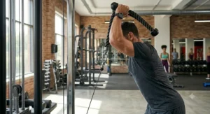 Individual completing an overhead tricep extension using a heavy-duty rope attachment.
