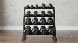 Complete rubber hex dumbbell set arranged neatly on a vertical tier rack.