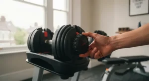 User adjusting the weight selection dial on an affordable home fitness dumbbell set.