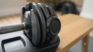 Close-up of the dial-selection locking mechanism on adjustable dumbbells