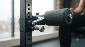 Close-up of the adjustable foam roller pad on a leg curl machine for custom height and fit.