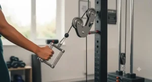 Detailed view of the adjustable pulley system on a professional-grade single stack multi gym.
