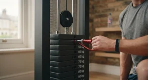 Close-up of adjustable weight settings on a professional-grade multi gym machine.
