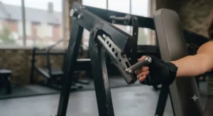 User adjusting the seat height on a commercial plate loaded shoulder press.