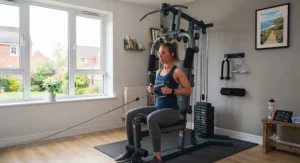 Detail view of the adjustable weight stack on a reliable entry-level multi-gym.