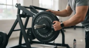 Close-up of a user adding weight plates to a British-standard leverage gym machine.