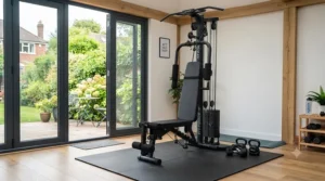 Perfectly assembled Bio Force style home gym tucked into a room corner.