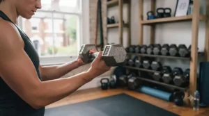A beginner starting a strength training routine with lighter cast iron dumbbells in a bright home studio.