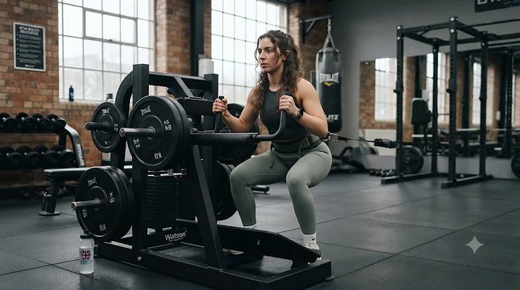 A person performing a belt squat exercise on a commercial-grade machine, demonstrating proper form for lower-body strength training. belt squat machine