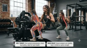 A step-by-step visual guide on adjusting the belt squat machine for different heights.