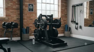 A belt squat machine positioned in a compact home gym space to show space efficiency.