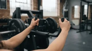 Close-up view of the plate-loaded mechanism on a belt squat machine in a gym setting.
