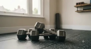 Close-up of a pair of cast iron dumbbell sets suitable for strength training at home.