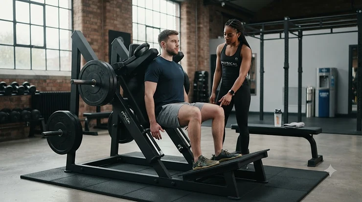 A sturdy hack squat machine set up in a modern UK home gym. hack squat machine