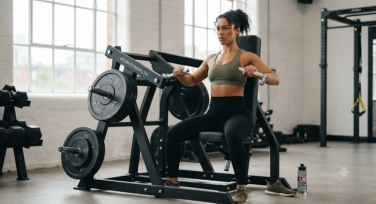 A professional-grade plate-loaded leverage machine in a home gym setting, designed for safe and effective strength training. plate loaded chest press machine