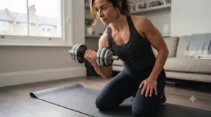 Person performing a bicep curl using a compact dumbbell set at home.