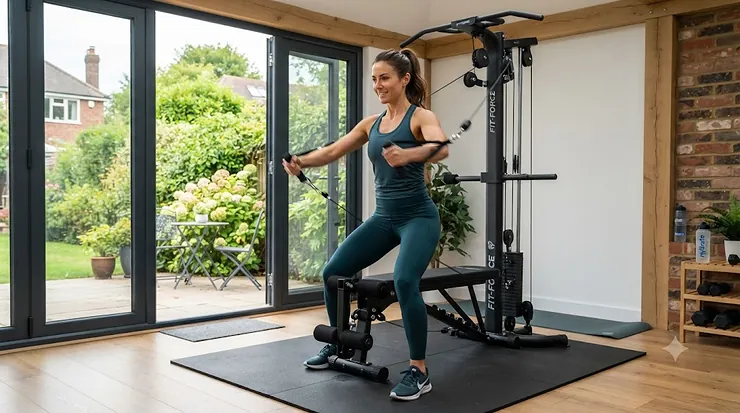A compact Bio Force style home gym setup in a modern British home office. bio force style home gym