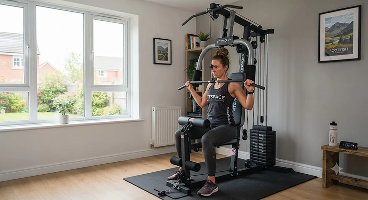 A compact, affordable multi-gym machine set up in a UK home garage for full-body training. budget multi gym machine