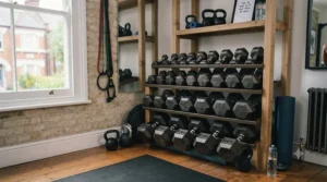 A compact vertical rack holding a complete set of black cast iron dumbbells in a spare room home gym.