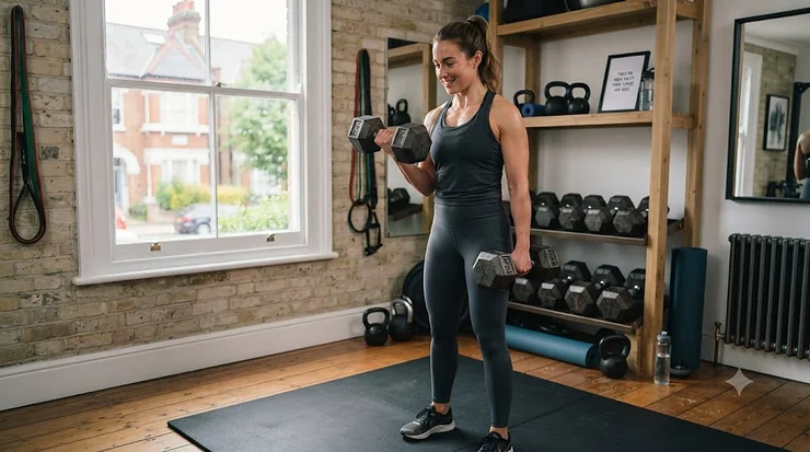 A pair of heavy cast iron dumbbells set up on a rubber gym mat inside a modern British home gym. cast iron dumbbells for home gym