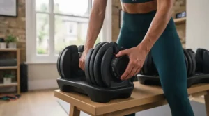 Person changing the weight setting on a set of adjustable dumbbells