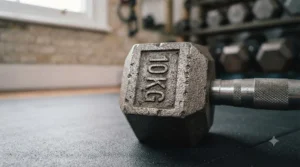 Close-up of the textured, ergonomic knurled handle on a solid cast iron dumbbell for a secure grip.
