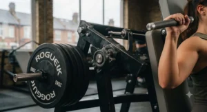 Athlete correctly seated and starting a plate loaded shoulder press workout.