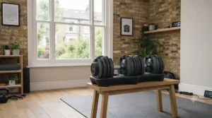 Adjustable dumbbells neatly stored on their tray in a compact home workout space