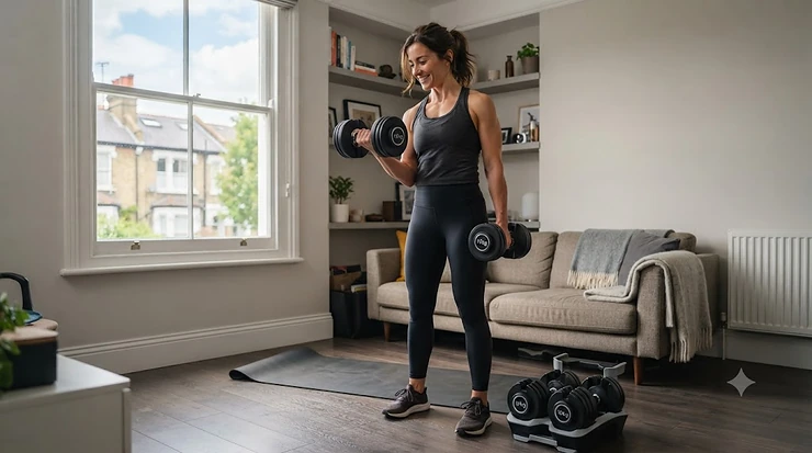 Compact dumbbell set neatly stored in a small UK apartment living room, ideal for home workouts. compact dumbbell set for small spaces
