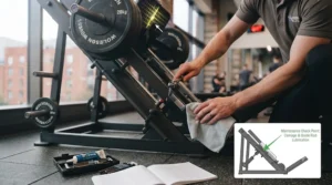 Layout view of a plate-loaded leg machine fitted into a home gym space.