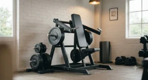 A space-saving plate-loaded leverage machine suitable for a residential garage gym setup.