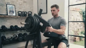 Compact plate loaded leverage machine for strength training.